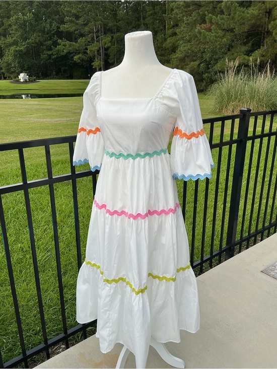 entro Dresses & Skirts - entro White Tiered Lined Maxi Dress with Multicolor Ric Rac Trim and Pockets